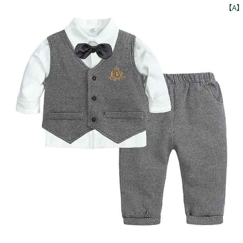 Suits, Tuxedos （Boys） - ベビー 男の子 スーツ セット 3点 春秋 礼服 長袖 長ズボン 綿 柔らかい 薄手 紳士風 フォーマル コットン ジャケット シャツ ズボン 赤ちゃん 子供服 ベビー服 男児 セットアップ 幼児 欧米スタイル 潮范 安全 B級 1-3歳