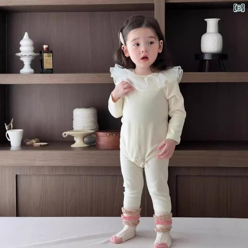 女の子 ベビー 服 秋 長袖 長パン セット 包おむつ 居家服 綿 柔らかい 花辺 レー...