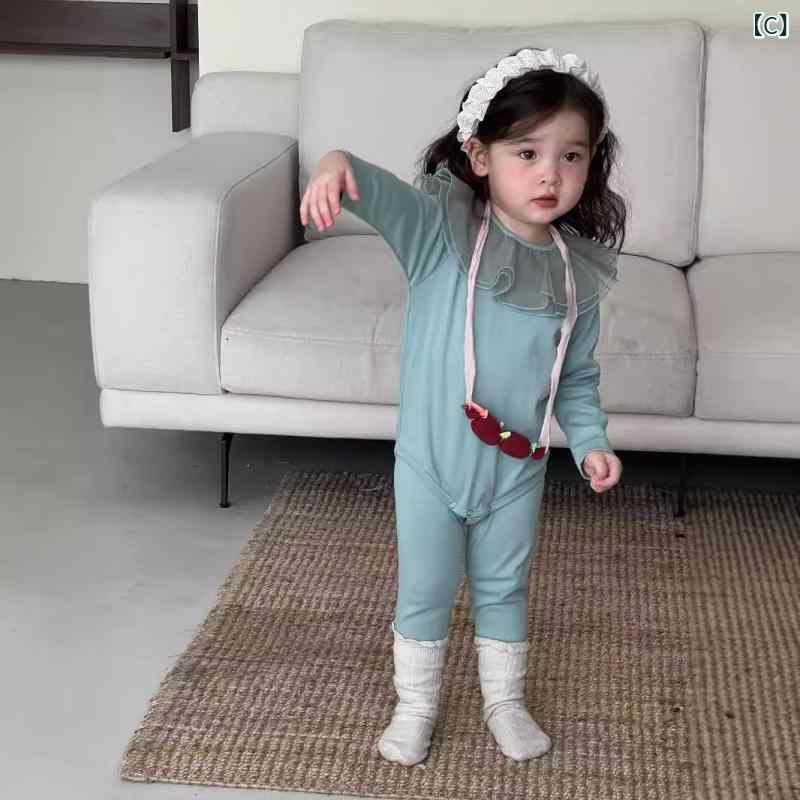 女の子 ベビー 服 秋 長袖 長パン セット 包おむつ 居家服 綿 柔らかい 花辺 レー...