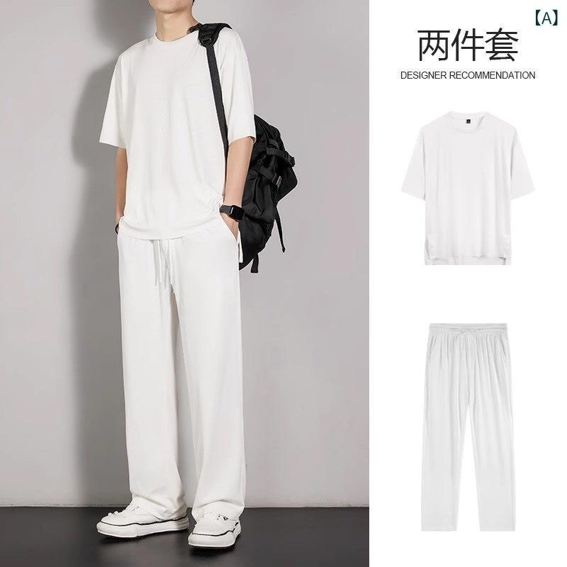メンズ スポーツ セットアップ 夏 薄手 半袖 Tシャツ 速乾 長ズボン 涼感 ポリエス...