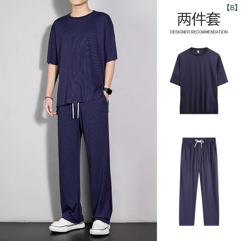 メンズ スポーツ セットアップ 夏 薄手 半袖 Tシャツ 速乾 長ズボン 涼感 ポリエス...