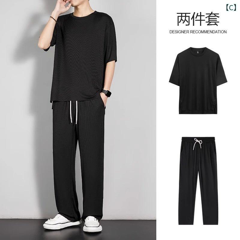 メンズ スポーツ セットアップ 夏 薄手 半袖 Tシャツ 速乾 長ズボン 涼感 ポリエス...