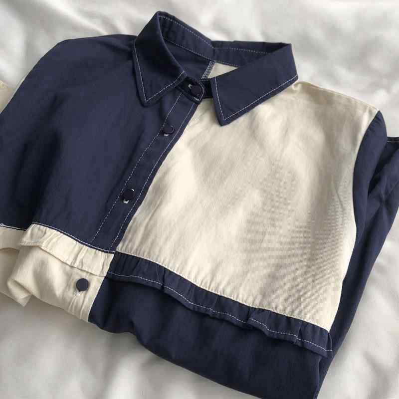 シャツ レディース 女性用 長袖 綿素材 70-80 綿 他30 未満 他の繊維 POLO領 単排ボタン 開衫 緩いシルエット 普通丈 50-65cm 木耳花辺 切り替え 刺繍風 コントラストカラー 非対称デザイン 潮流 外套 日韓カジュアル 快適 リ