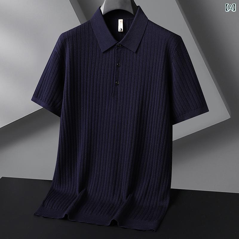 メンズ トップス Tシャツ 紺 黒 春夏 半袖 襟付き ニットTシャツ ゆったり 大きいサイズ 40代 50代 60代 ファッション カジュアル lilishop6-store-10896211 LiLishop6 サンプル画像2