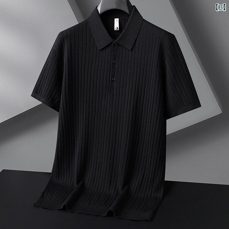 メンズ トップス Tシャツ 紺 黒 春夏 半袖 襟付き ニットTシャツ ゆったり 大きいサイズ 40代 50代 60代 ファッション カジュアル lilishop6-store-10896211 LiLishop6 サンプル画像3