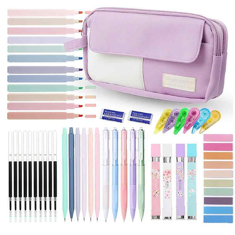 LilyBeauty 42個 大容量鉛筆ポーチ 美学用品付き 蛍光ペン12本 ブラックインクゲルペン5本 シャープペンシル6本セット 0.5mm & 0.7mm 付箋 文房具セット 学生用 lilishop6-store-10967415 LiLishop6 サンプル画像2
