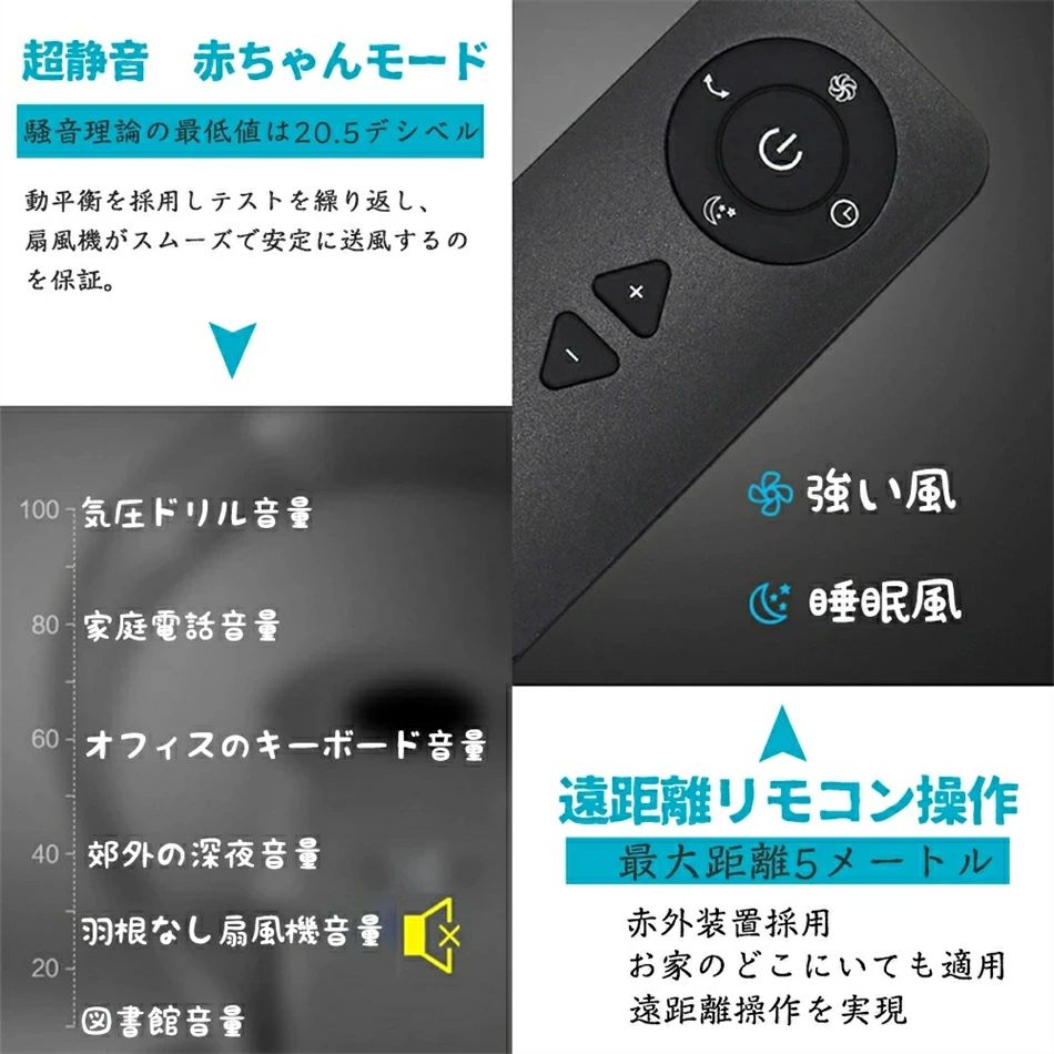 低騒音 高速 卓上 羽無し 羽根無し リモコン付き タイマー 風量調節 首振り 壁掛け...