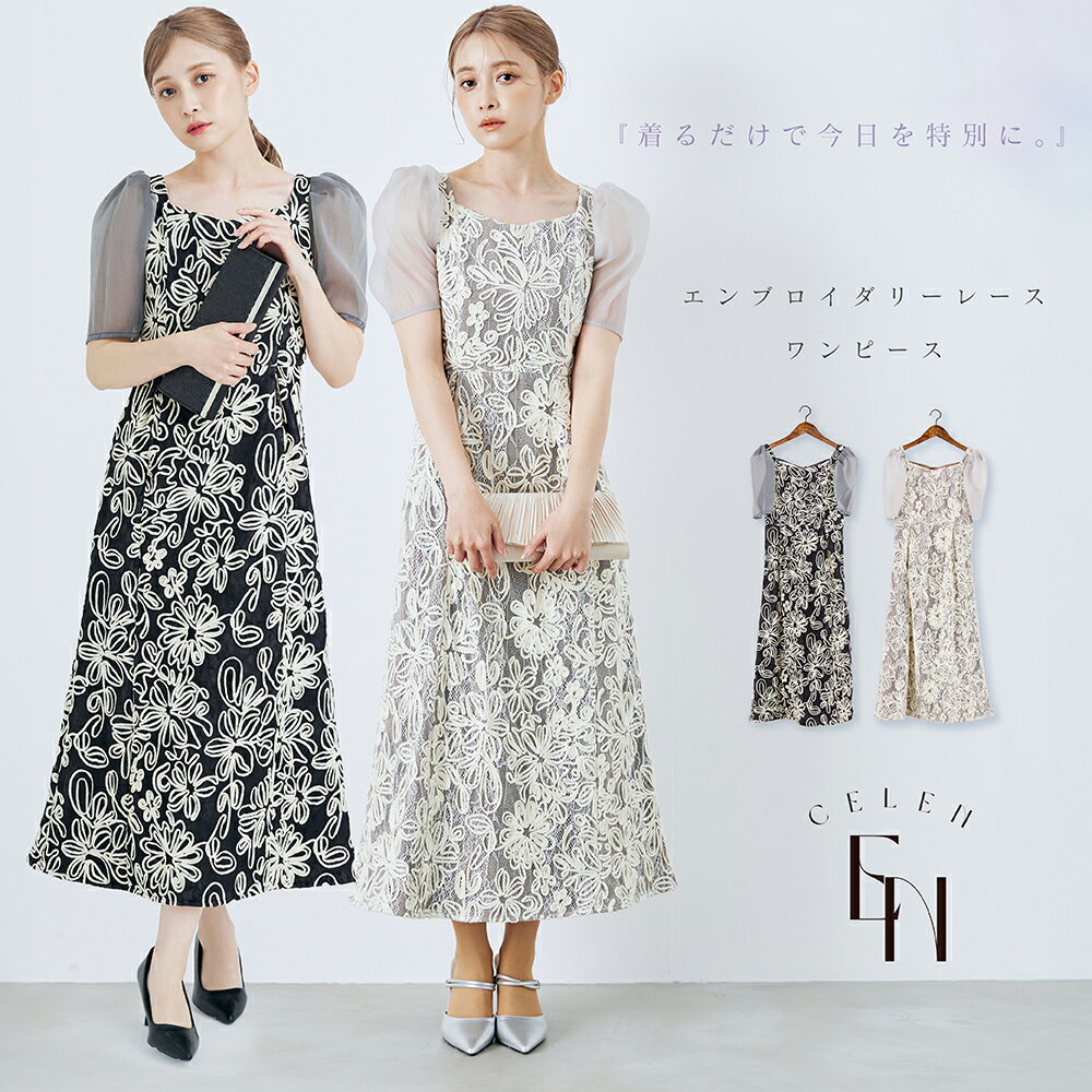 ドレス ワンピース Aライン エンブロイダリー レース ロング シースルー パフスリーブ 細見え 体型カバー パーティー 結婚式 女子会 同窓会 参観 記念日 キレイ フェミニン 上品 華やか ※動画あり