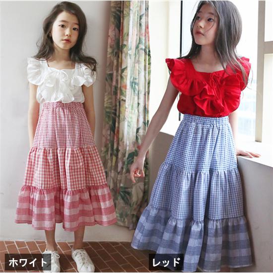 【取寄】ロングスカート ひざ丈スカート ノースリーブ 子供服 夏服 新作 セットアップ 上下セット チェック柄スカート フライングスリーブ ツーピース 無地 女の子 トップス スカート カジュアル オルチャン フリル ホワイト レッド シンプル お出かけ 通学 110cm-165cm