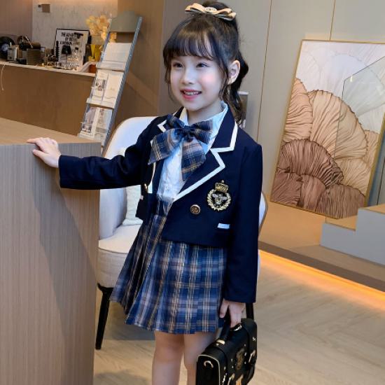 【取寄】卒園式 子供服 ジャケット シャツ ブラウス スカート プリーツスカート 3点セット スリーピース 制服 リボン チェック 可愛い 入学式 入園式 卒業式 女の子 キッズ ガールズ ブレザー おしゃれ