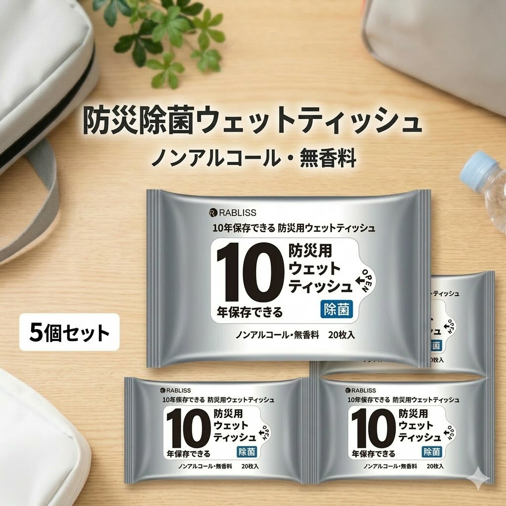 【持ち運びに便利】10年保存 防災用ウェットティッシュ 20枚入 5個セット コンパクト 除菌 ノンアルコール 無香料 衛生用品 長期保存 防災グッズ 災害 地震 避難 備蓄品 アウトドア キャンプ 車中泊 断水対策 非常用持ち出し袋 トラベル 防災セット