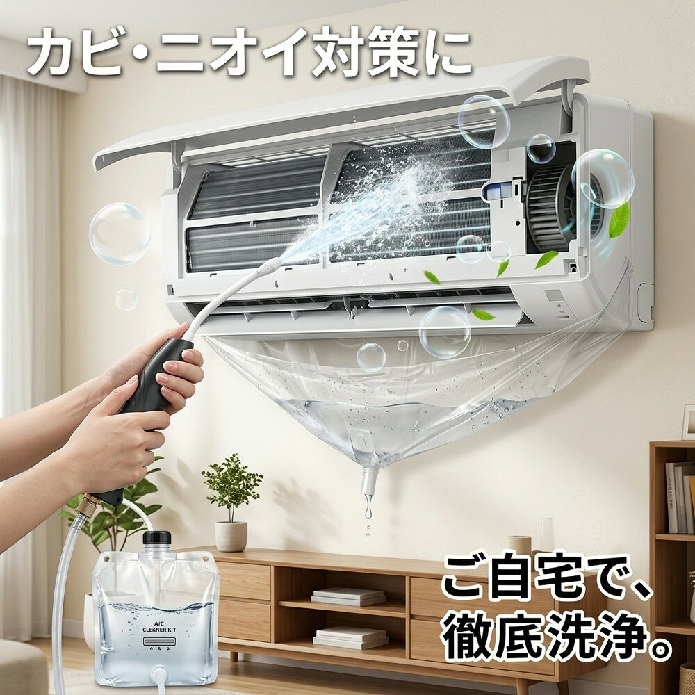 【ニオイ対策に！】 エアコンクリーニング 洗浄 セット 掃除 ニオイ対策 除菌 消臭 臭い カビ対策 カビ取り ホコリ 汚れ除去 フィン ファン 送風口 DIY 自宅 簡単 節電 カバー 噴霧器 ガン 貯水バッグ 高圧洗浄機 フィルター 大掃除 夏 梅雨 爽やか エアコン
