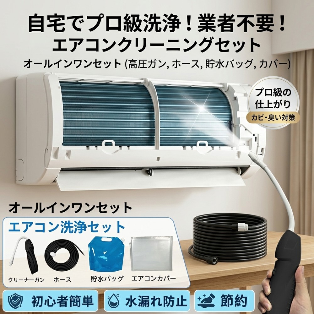 【業者不要！】 エアコン クリーニング セット 掃除 自分で 洗浄 2026新登場 洗浄カバー 高圧 クリーナーガン ホース 貯水バッグ オールインワン カビ 除去 臭い 対策 フィルター 汚れ 節約 簡単 初心者 安心 大掃除 エアコン掃除