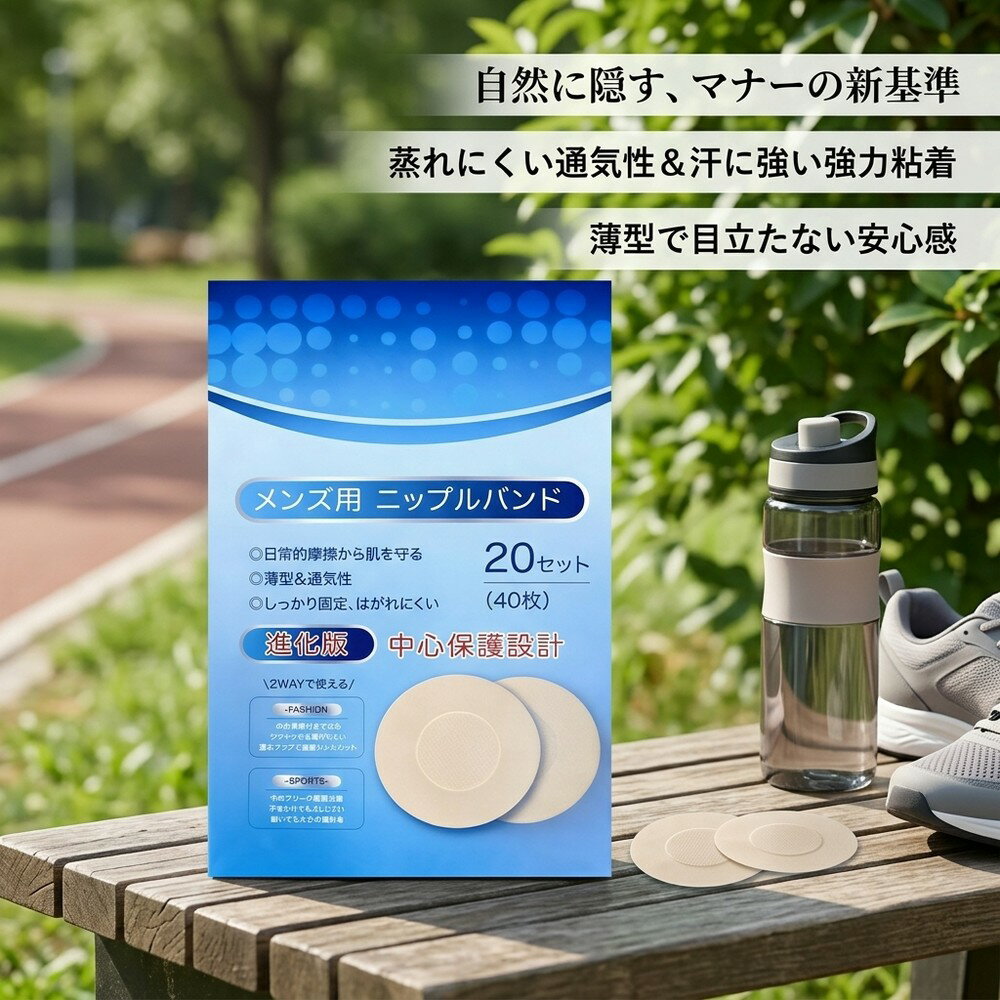 メーカー希望小売価格はメーカーサイトに基づいて掲載しています 【商品名】 ニップレス メンズ 【パッケージ・数量】 ・1袋20ペア 【商品特徴】 1.簡単装着・瞬間カバー ・貼るだけで乳首を隠すことができ、目立たず自然な仕上がり。 ・忙しい朝やスポーツ時でも手軽に使用可能。 2.強粘着＆不織布素材 ・肌に優しい不織布素材を採用。 ・強力な粘着でズレにくく、長時間安心して使用可能。 3.肌色で目立たないデザイン ・肌に馴染むカラーで、シャツやTシャツの下でも目立ちにくい。 ・透け防止仕様で安心。 4.通気性・メッシュタイプ ・メッシュ構造で通気性が良く、蒸れにくい。 ・敏感肌でも快適に使用できる設計。 5.スポーツ・アウトドア対応 ・ジョギングやランニング、トレーニング中の摩擦を防止。 ・防汗仕様で運動時も安心。 6.保護・快適性 ・擦れや刺激から乳首を守るバストパッドタイプ。 ・肌に優しく、長時間の使用でも快適。 【使用シーン】 ・スポーツ・ジョギング・ランニング ・シャツ・Tシャツの下での普段使い ・敏感肌の方でも安心