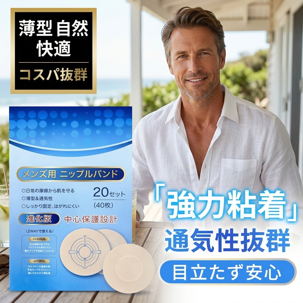 メーカー希望小売価格はメーカーサイトに基づいて掲載しています 【商品名】 ニップレス メンズ 【パッケージ・数量】 ・1袋20ペア 【商品特徴】 1.簡単装着・瞬間カバー ・貼るだけで乳首を隠すことができ、目立たず自然な仕上がり。 ・忙しい朝やスポーツ時でも手軽に使用可能。 2.強粘着＆不織布素材 ・肌に優しい不織布素材を採用。 ・強力な粘着でズレにくく、長時間安心して使用可能。 3.肌色で目立たないデザイン ・肌に馴染むカラーで、シャツやTシャツの下でも目立ちにくい。 ・透け防止仕様で安心。 4.通気性・メッシュタイプ ・メッシュ構造で通気性が良く、蒸れにくい。 ・敏感肌でも快適に使用できる設計。 5.スポーツ・アウトドア対応 ・ジョギングやランニング、トレーニング中の摩擦を防止。 ・防汗仕様で運動時も安心。 6.保護・快適性 ・擦れや刺激から乳首を守るバストパッドタイプ。 ・肌に優しく、長時間の使用でも快適。 【使用シーン】 ・スポーツ・ジョギング・ランニング ・シャツ・Tシャツの下での普段使い ・敏感肌の方でも安心