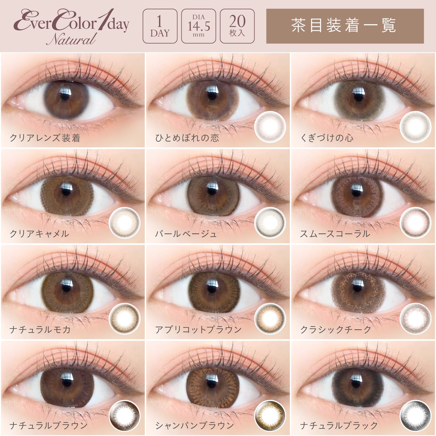 【4箱セット】カラコン ワンデー エバーカラーワンデーナチュラル EVER COLOR 1day Natural 20枚 14.5mm ワンデーカラコン カラーコンタクト カラーコンタクトレンズ　度あり 度なし エバカラ アイレ フチあり 新木優子 3