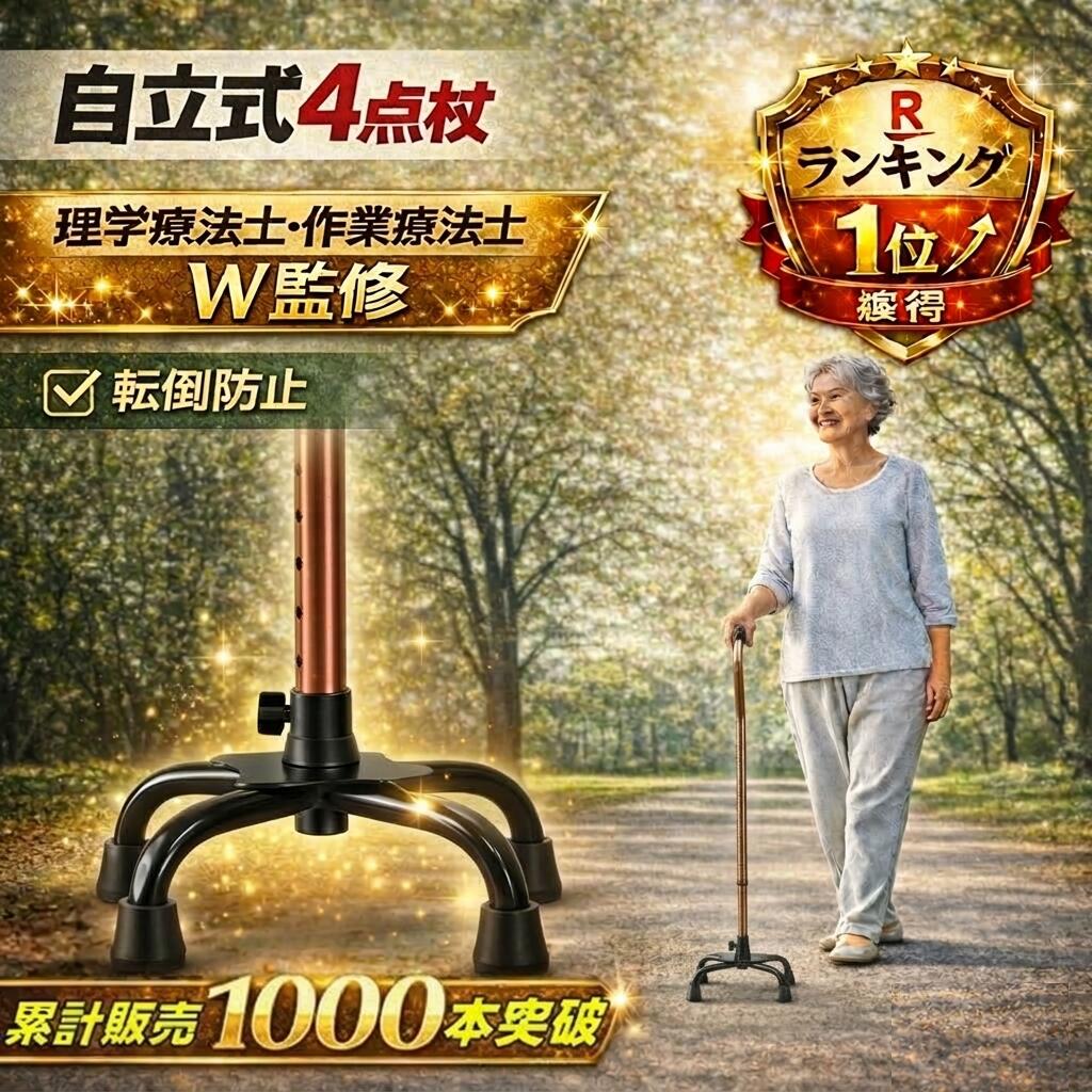楽天1位 理学療法士監修 作業療法士監修 杖 自立式 四点杖 多点杖 オシャレ 軽量 女性 自立杖  ...