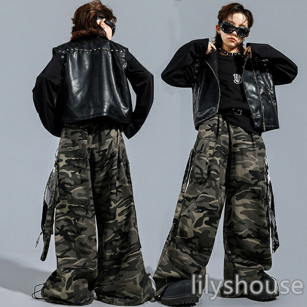 革ベスト 迷彩パンツ ブラック 長袖Tシャツ カッコイイ ダンス衣装 ヒップホップ hiphop ドラムセット演出 110cm～180cm