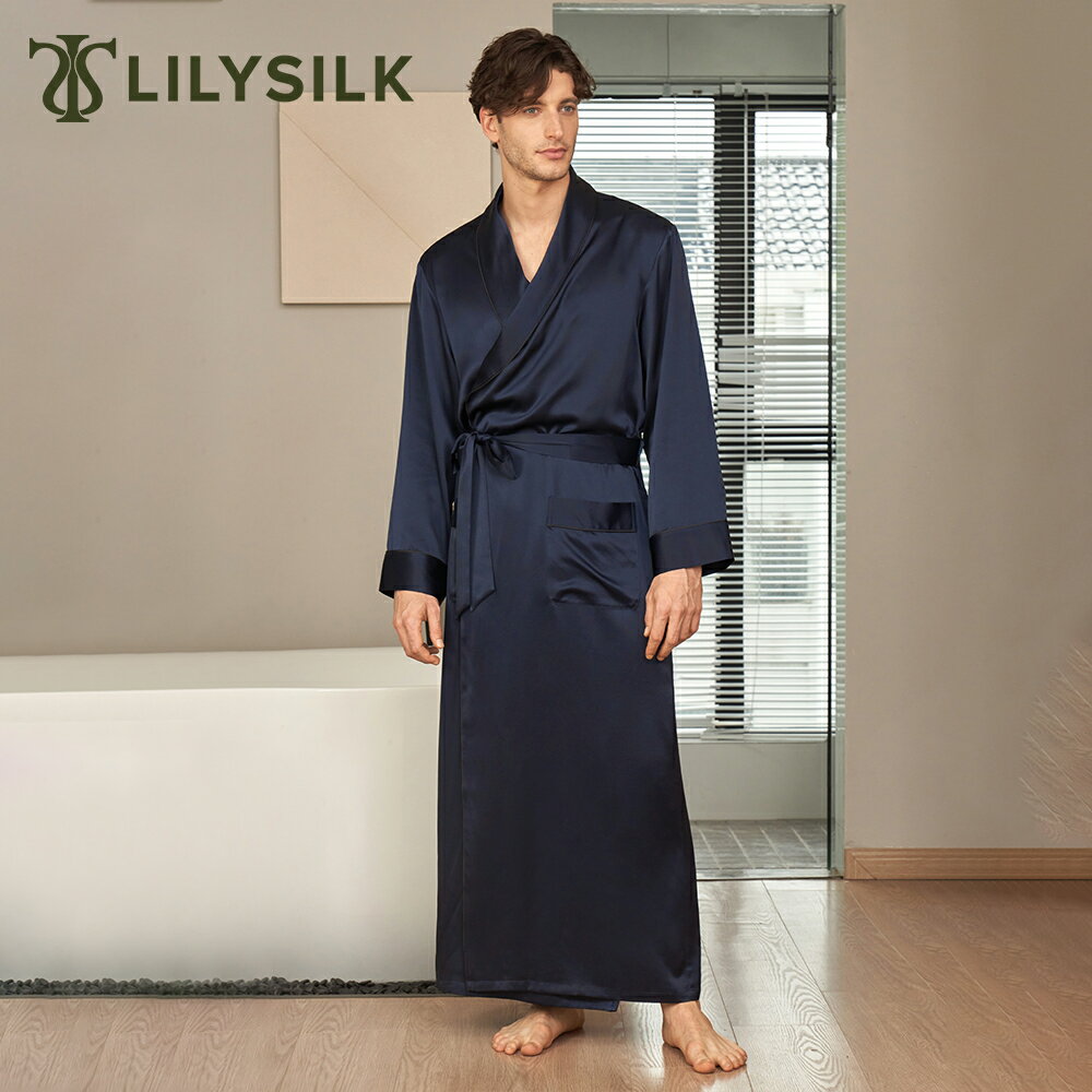 LILYSILK(リリーシルク) シルク バスローブ ローブ メンズ ガウン ナイトガウン ナイトウエア ルームウエア 寝間着 SS/S/M/L/LL 22匁シルク 男性 紳士服 北欧 高品質シルク100% フルレングス 無地 軽量 肌触り最高 プレゼント ギフト 送料無料