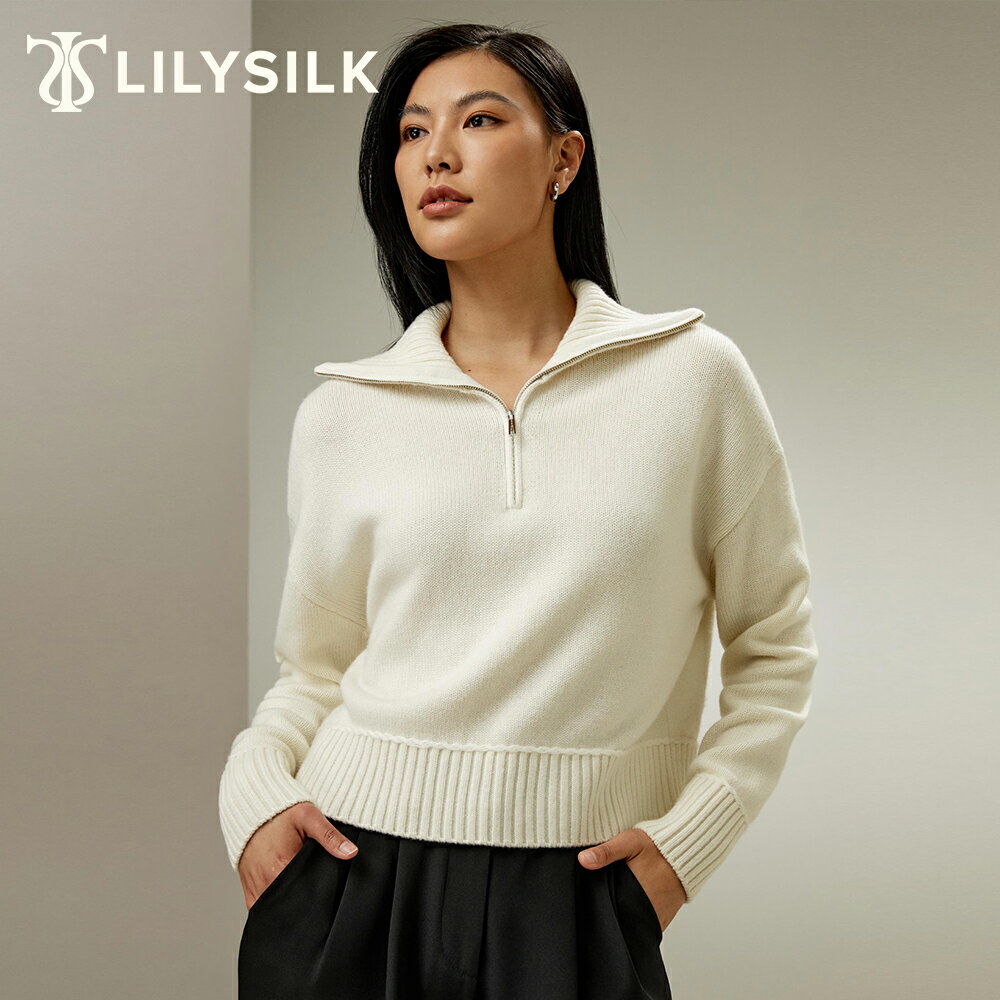 LILYSILK カシミヤ セーター レディース ハーフジップアップ カシミア混 長袖 リラックスフィット レッド ホワイト 白 暖かい やわらかい ギフト プレゼント