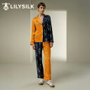 LILYSILK シルク パジャマ レディース シルク100% 上下セット 長袖 花柄 ツートーン柄 プレミアム かっこいい オレンジ ブルー 非対称