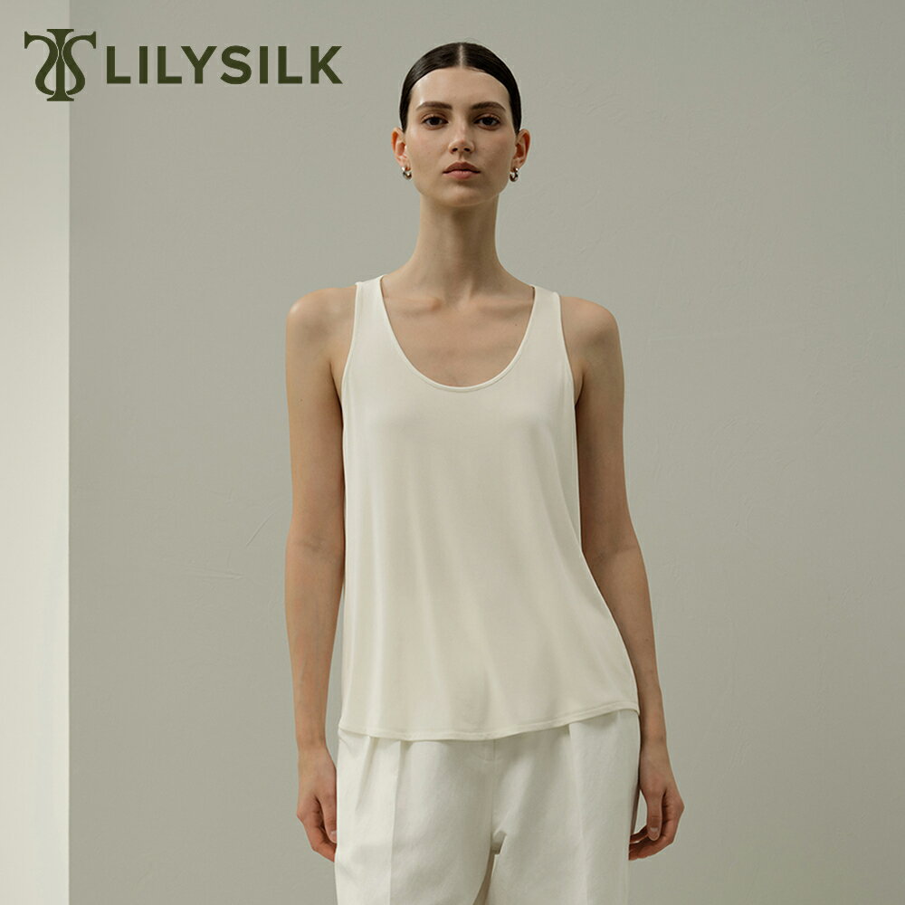 LILYSILK シルク混 タンクトップ レディース 無地 大きいサイズ 白 黒 ホワイト ブラック 冷感 Uネック..