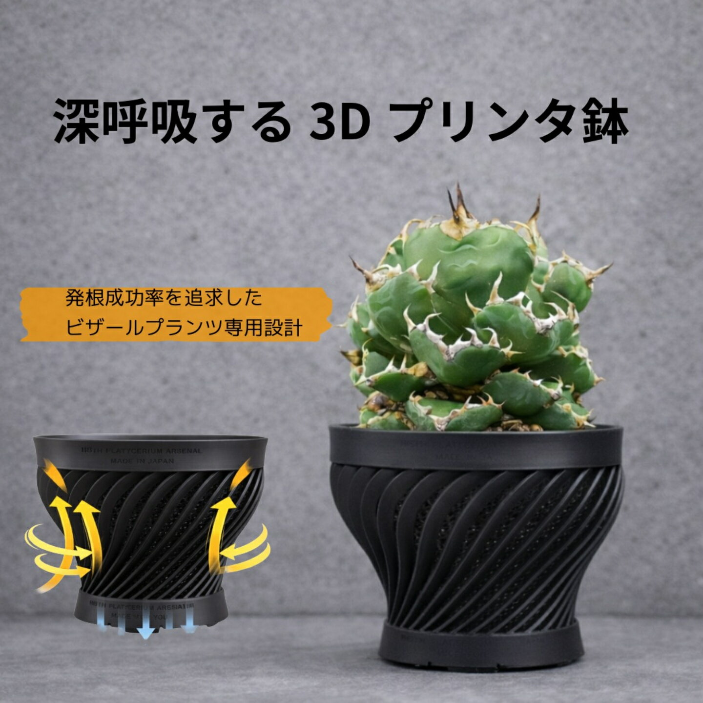 八八工廠 / 深呼吸する3Dプリント鉢 深呼吸する3Dプリント鉢 / つぼみ 発根成功率を追求した、ビザールプランツ専用設計。 アガベ・塊根植物（コーデックス）・パキポディウムなど、 発根管理が重要な植物のために設計された3Dプリント鉢です。 乾湿サイクルを最大化し、通気性・排水性を高めることで、 根の代謝と成長を安定させます。 発根成功率を追求した構造 テスト環境において発根成功率UPを確認。 根が呼吸しやすい内部構造により、 蒸れや根腐れのリスクを抑えます。 発根管理が難しいアガベや塊根植物、コーデックス、 パキポディウムなどのビザールプランツに最適です。 乾湿サイクルを最大化するフィン＆メッシュ構造 鉢内部に空気の通り道を確保する立体フィン構造。 底面はメッシュ設計。 通気性・排水性・乾燥効率を高次元でバランスさせます。 水やり後の余分な水分を素早く排出し、 根が酸欠状態になりにくい設計です。 棚・台座を守るファンネル形状 縁部分には緩やかなカーブ（ファンネル構造）を採用。 土こぼれを抑え、室内管理でも安心。 植物棚・アイアンシェルフ・ディスプレイ什器との相性も良く、 見た目と実用性を両立しています。 目立たないステルス受け皿 受け皿は「主張しない」設計。 泥水や砂埃から棚を守りながら、 植物・鉢・空間の世界観を壊しません。 こんな方におすすめ ・アガベの発根管理を安定させたい ・塊根植物（コーデックス）を室内で管理している ・通気性の高い3Dプリント鉢を探している ・デザイン性と機能性を両立させたい ・ビザールプランツをより美しく育てたい 3Dプリント製品について 本製品はPLA（再生可能プラスチック）を使用した3Dプリント製品です。 製造工程上、積層痕や若干の個体差がございます。 品質に問題はございませんので、あらかじめご了承ください。 メーカー名・サイズ・仕様 メーカー 八八工廠 モデル つぼみ 外形寸法 約11cm × 約9cm サイズ目安 3号鉢相当 素材 PLA（再生可能プラスチック） セット内容 鉢 ×1 ／ 受け皿 ×1 ／ 底板 ×2 ※閲覧環境により色味が異なる場合がございます。 LESS IS MORE. LIVE BEAUTIFULLY AND COMFORTABLY.