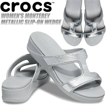 crocs MONTEREY METALLIC SLIP-ON WEDGE SILVER 207144-007 クロックス モントレー メタリック スリッポン ウェッジ ウィメンズ グレー シルバー サンダル レディース 厚底