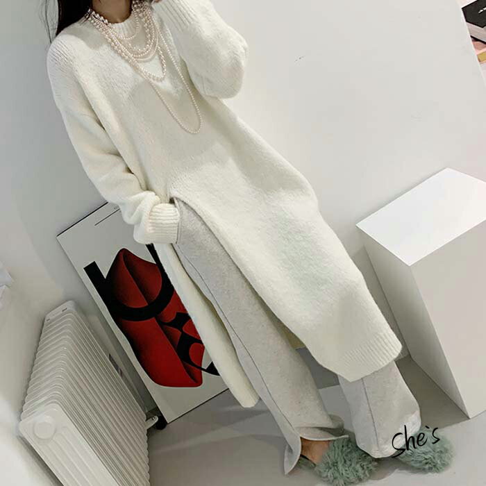 【ドロップショルダー ロング ニット 】チュニック ワンピース スリット シンプル セーター ゆるめ 大きい 大きめ トップス レディース 韓国 韓国系 送料無料 Shes AW