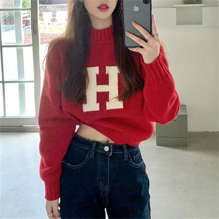 【 4color クルーネック コンパクト 短め ニット 】シンプル 長袖 セーター トップス レディース 送料..