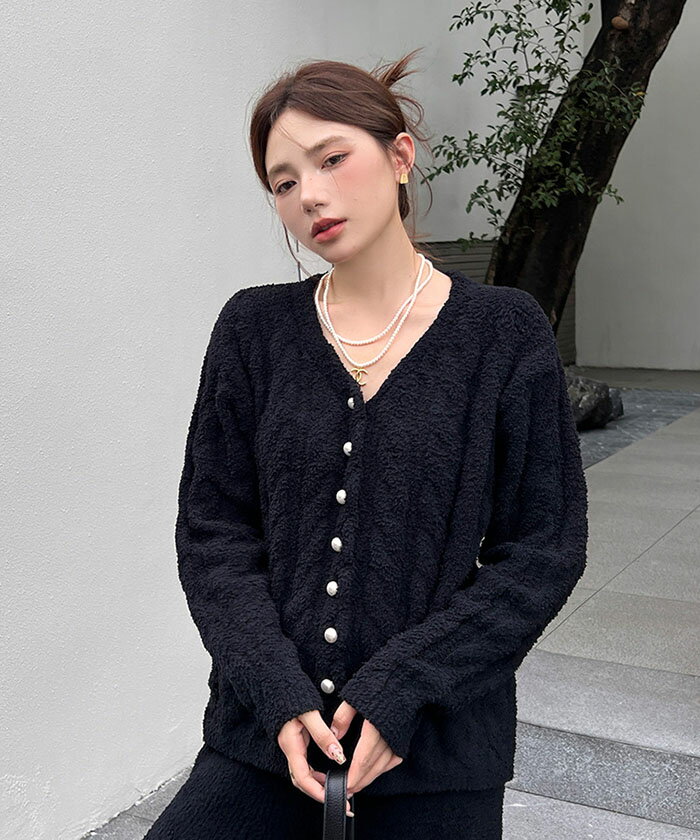 【もこもこ 保温 ルームウエア 上下2点セット】カーディガン パール ケーブル セットアップ 上下セット 前開き 羽織 カーディガン Vネック パジャマ ナイトウェアー リラックス ふわふわ 毛布 ナイトウエア 可愛い 部屋着 可愛い 冬 あったか あったかい Shes 2