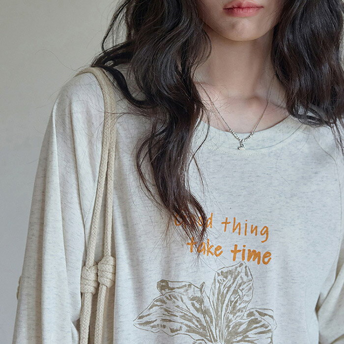 【 リラックス フラワー レターロゴ 長袖 Tシャツ 】シンプル カジュアル ゆったり Tシャツ ロンT ラウンド 送料無料 Shes