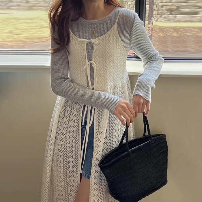 【総レース ロング リボン ギャザー ジレ ワンピース 】ロングワンピース レース 重ね着 可愛い ナチュラル レディース 春 夏 秋 冬 韓国 韓国風 送料無料 Shes
