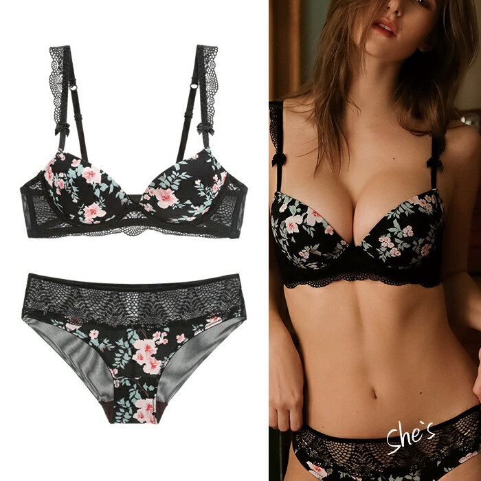 【ブラジャー ショーツ 上下セット】花柄 フラワープリント シースルー ブラ ランジェリー 下着 セクシー レース シンプル 送料無料 alb21008308のサムネイル