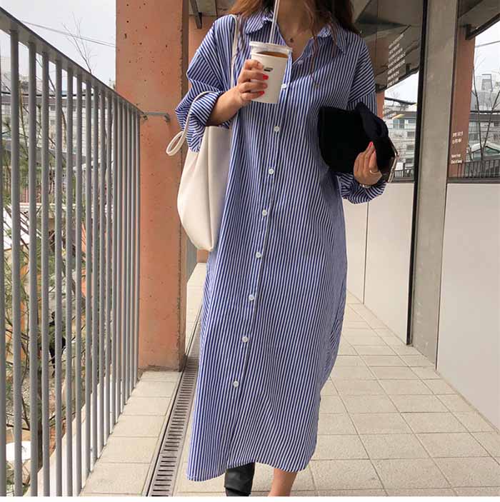 【ストライプ ロング 長袖 シャツワンピース】ロング シャツ ブラウス ビッグシルエット ゆったり カジュアル リラックス ナチュラル レディース 春 夏 秋 冬 韓国 韓国風 SS AW 送料無料 Shes