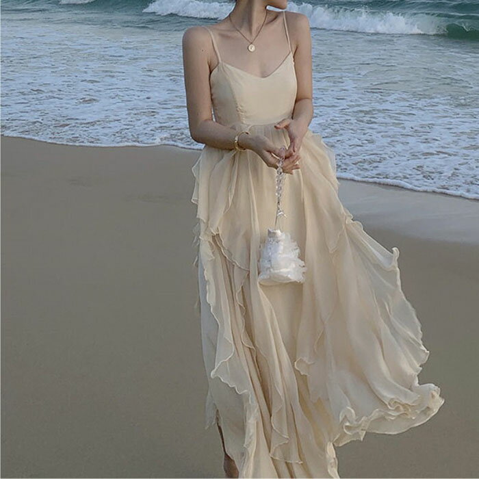 【ティアード スリップ ロング ワンピース XS/S/M/L/XL/XXL】フリル シフォン ロングワンピース マキシ丈 マキシワンピース キャミワンピ 可愛い セクシー ドレス パーティ レディース 春 夏 韓国 韓国風 大きいサイズ 小さいサイズ 送料無料 Shes