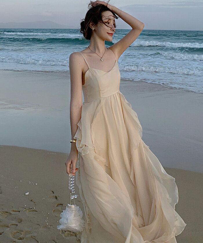 【ティアード スリップ ロング ワンピース XS/S/M/L/XL/XXL】フリル シフォン ロングワンピース マキシ丈 マキシワンピース キャミワンピ 可愛い セクシー ドレス パーティ レディース 春 夏 韓国 韓国風 大きいサイズ 小さいサイズ 送料無料 Shes