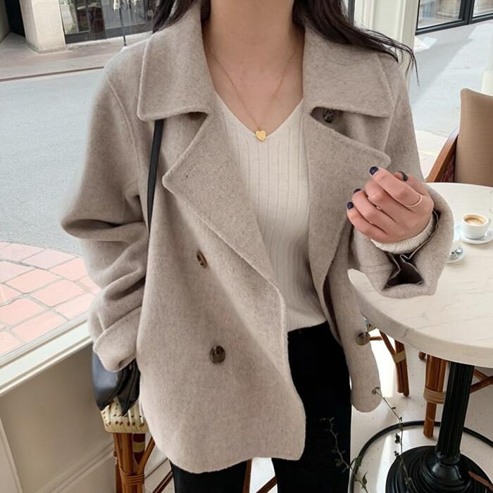 楽天Shes【 シンプル ダブルブレスト ショート丈 ピーコート オートミール/モカ 】 アウター コート ジャケット シンプル 大人 カジュアル ストリート 可愛い レディース 春 秋 冬 送料無料 Shes