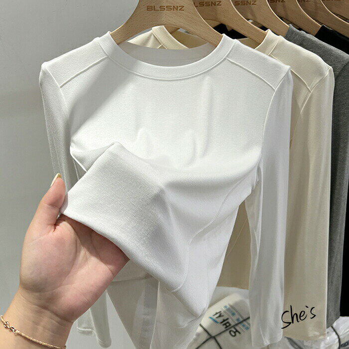 【 シンプル ラウンド 長袖 カットソー 】無地 ミニマム カジュアル モード タイト Tシャツ ロンT ラウンド 送料無料 Shes