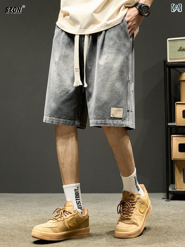 デニムショートパンツ メンズ 夏 イン 潮 ウォッシュド オールド ストレート パンツ 日本 レトロ ツーリング 5点式 カジュアル素材構成: コットン