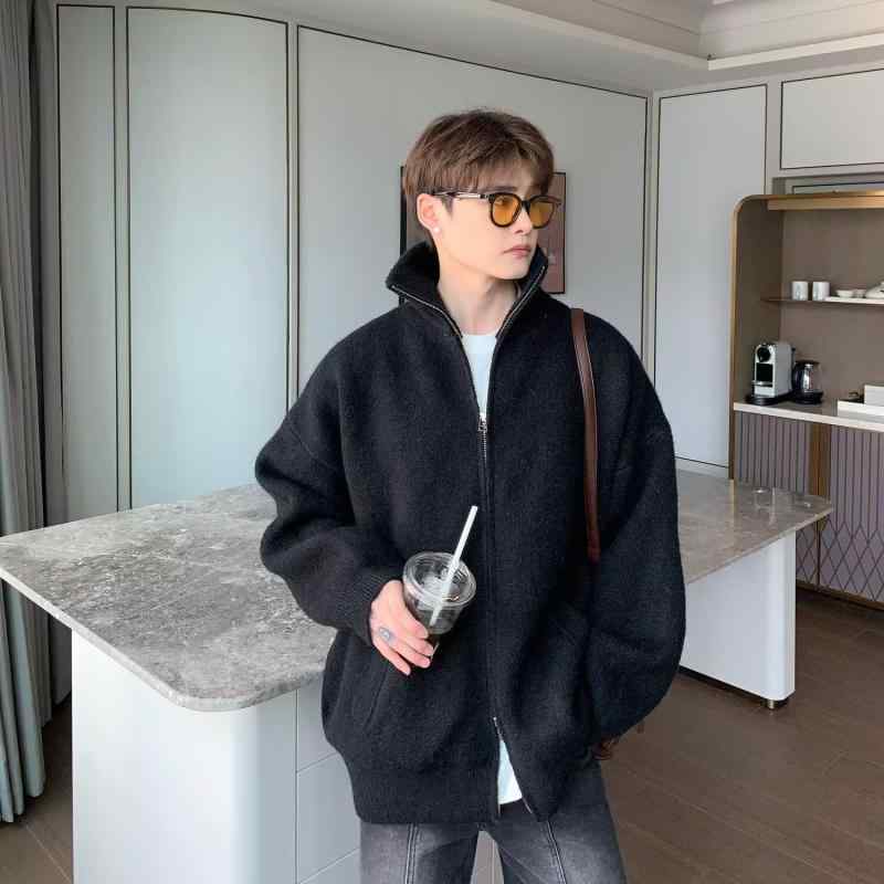 ニット カーディガン メンズ 韓国 立襟 リブ 混紡 ポリエステル ブラック グレー 伸縮性 防寒 秋冬