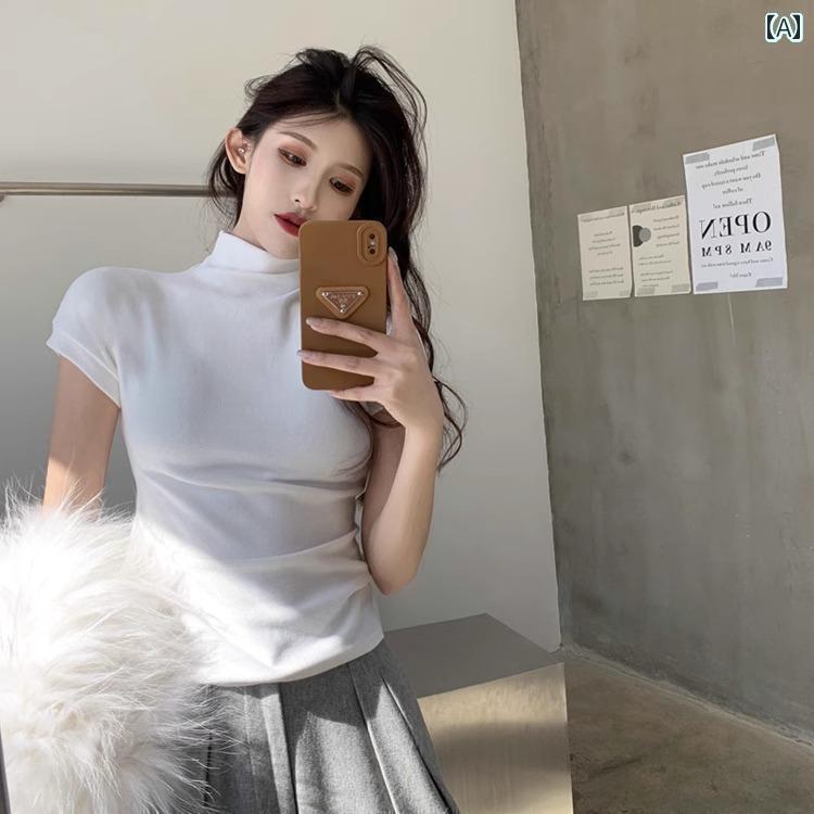 黒 ハーフ タートルネック 半袖 Tシャツ レディース 2025 春秋 スリムフィット 無地 シンプル インナーウェア ボトム トップス