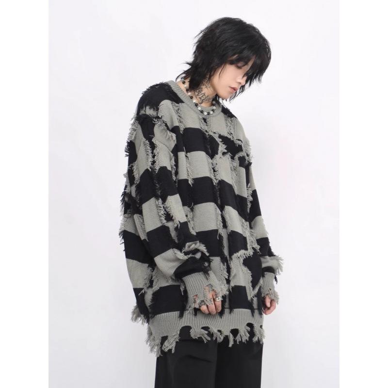 Knit Sweater - ニット メンズ 秋冬 ボーダー プルオーバー ラウンドネック 長袖 セーター ゆったり 撞色 破損加工 カジュアル 韓国 黒 ブラック ピンク系