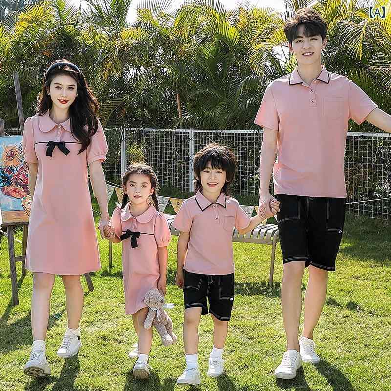 ピンクワンピース リボン ポロシャツ 親子 家族リンクコーデ 男の子 女の子 3〜4人家族 ドレス
