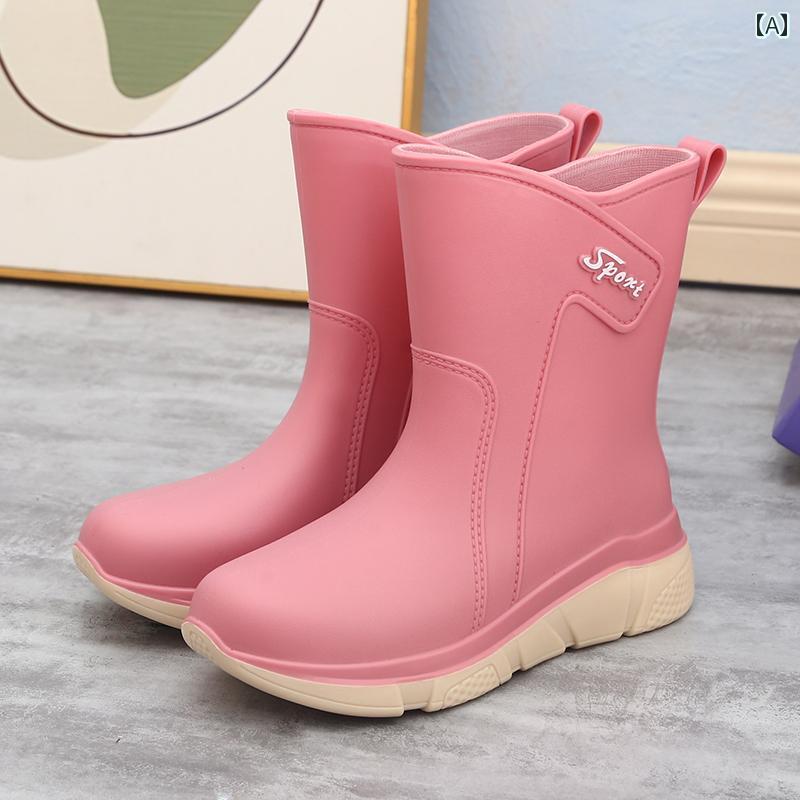 女性用 レインブーツ 滑り止め 耐摩耗性 キッチン用 ゴム 靴 屋外用 防水 ウォーター シューズ ミッド チューブと ベルベット ショート コットン