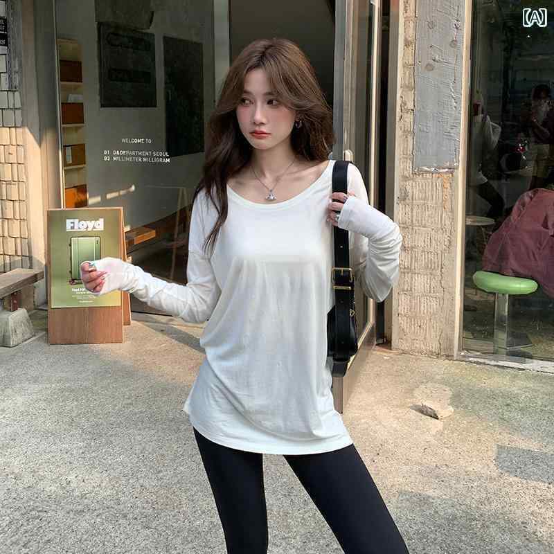 レイヤード ラウンドネック ホワイト ボトム 秋冬 シック 女性用 長袖 Tシャツ トップ 大きめ ゆったり シンプル 細見え袖丈：長袖襟のタイプ: U字型襟服のスタイルサイズ: S.M.L.XL