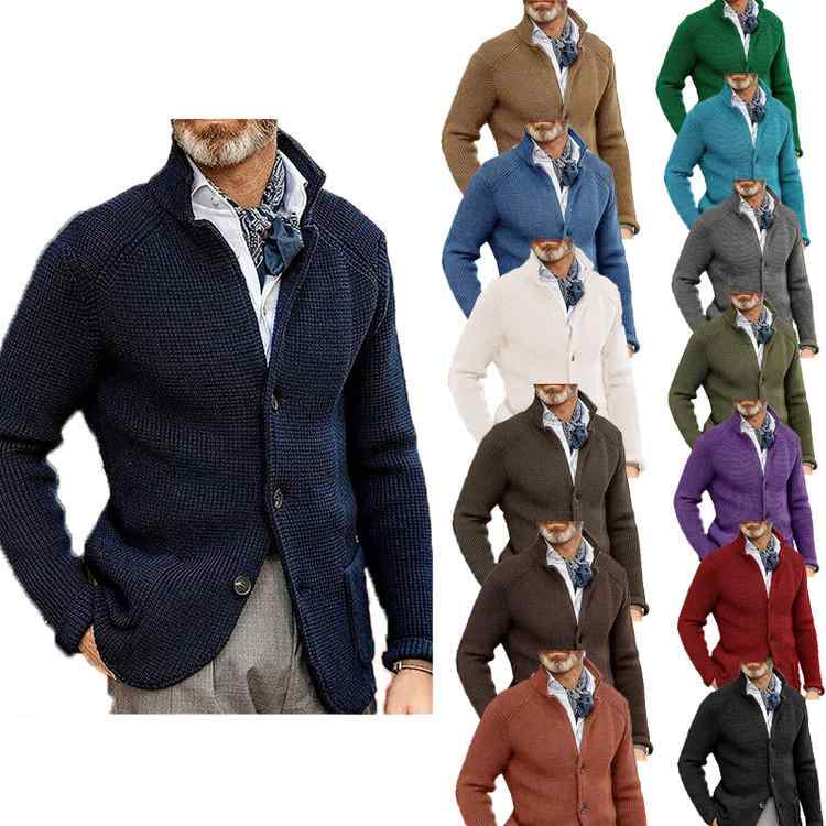 ニットカーディガン メンズ 男性用 トップス 長袖 無地 立ち襟 修身 欧美風 スタイル 普段使い 秋 大码 グレー ブラック ブラウン ネイビー カーキ コーヒー色 ベージュ ワインレッド パープル キャメル