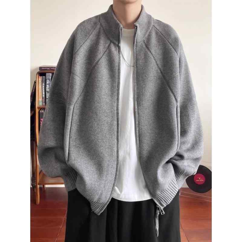 ニット カーディガン メンズ 秋冬 ジップアップ 立襟 リブ ゆったり ラフ 普段使い 長袖 黒 ブラック グレー トップス