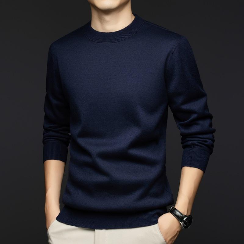 Knit Sweater - ニット メンズ 男性用 ウール 混紡 クルーネック プルオーバー トップス 秋冬 厚手 無地 リブ 裾 グレー カーキ ブラック グリーン 大きいサイズ
