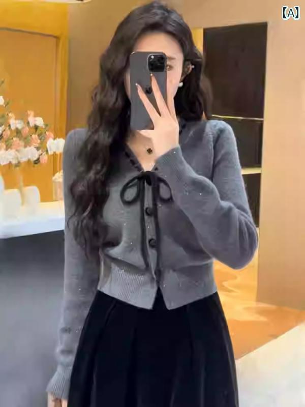 秋 小さめ 香り ニット セーター ショート 女性 トップス カーディガン ボレロ リボン かわいい 韓国 おしゃれ レディース